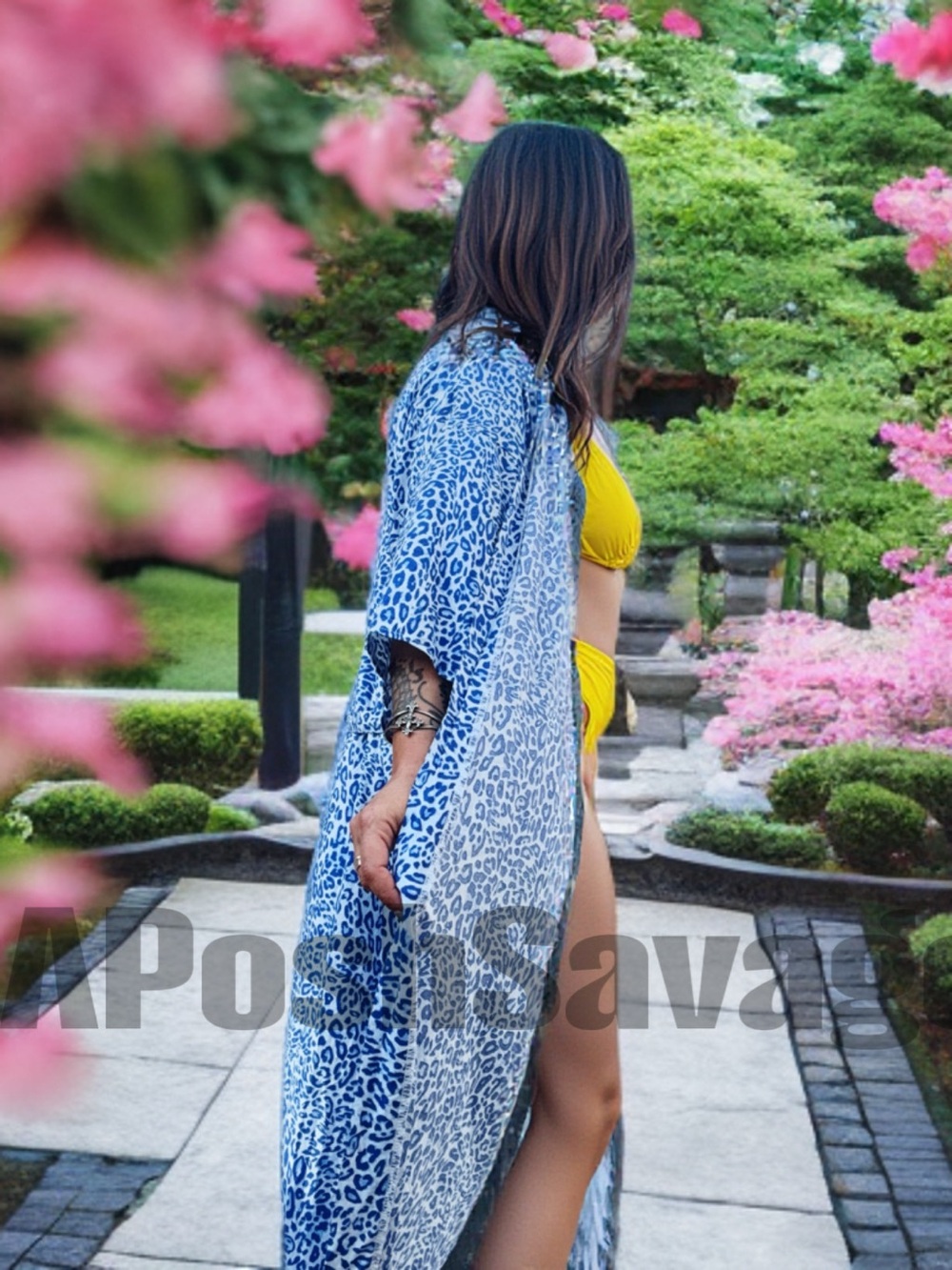 Blue & White Leopard Print Open Front Duster Kimono w/ Belt